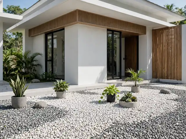 Taman berpenutup batu kerikil putih abu sebagai ide taman minimalis depan rumah yang rapi
