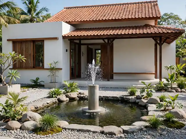 Taman berkolam mini dan pancuran kecil sebagai ide taman minimalis depan rumah bertitik fokus air