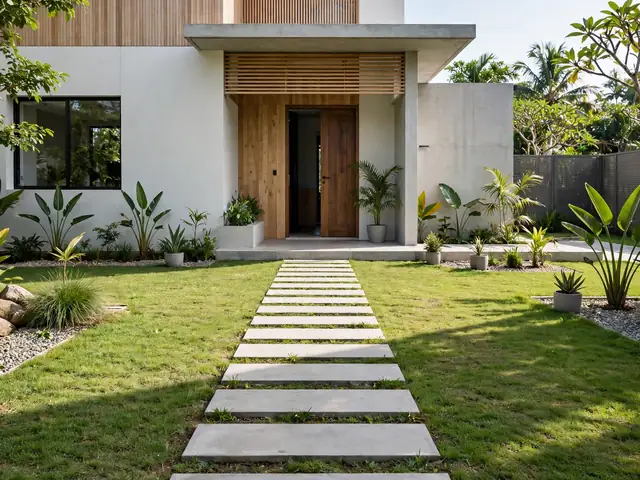 Taman berjalur setapak kotak melintasi rumput sebagai ide taman minimalis depan rumah terstruktur