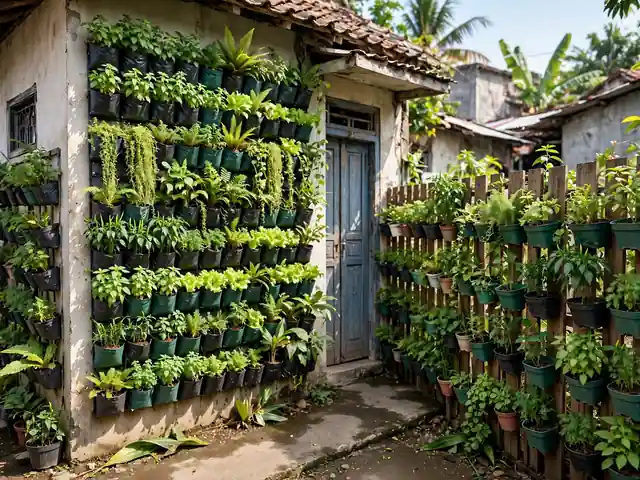Taman vertikal bertanaman susun pada dinding depan sebagai ide taman minimalis depan rumah lahan terbatas