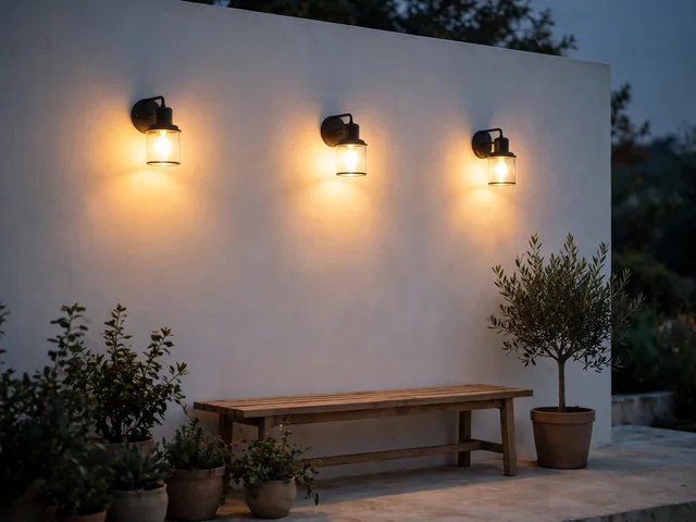Teras Rumah Estetik Minimalis 5 Elemen Rapi Terbaru 2 Lampu dinding teras rumah estetik minimalis yang menyala hangat pada dinding putih di sore hari