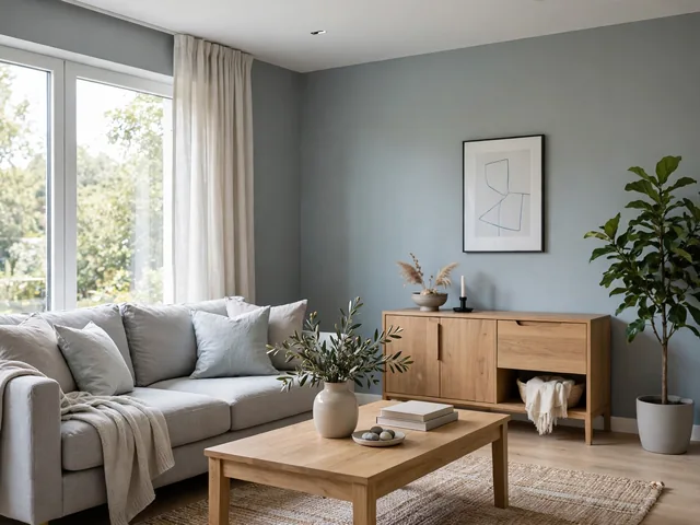 Ruang keluarga berdinding abu-abu lembut cool tone sebagai pilihan warna cat dalam rumah yang sejuk