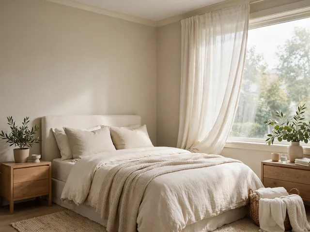 Kamar tidur berdinding beige krem adem sebagai pilihan warna cat dalam rumah yang sejuk