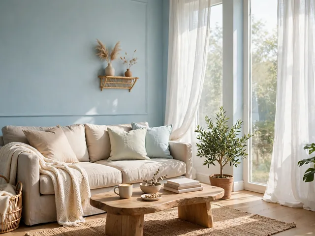 Ruang keluarga berdinding biru pastel lembut sebagai pilihan warna cat dalam rumah yang sejuk