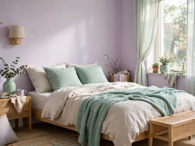 Kamar tidur berdinding lavender pastel lembut sebagai pilihan warna cat dalam rumah yang sejuk