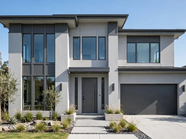 Fasad rumah bercat abu-abu lembut beraksen charcoal sebagai pilihan warna cat rumah bagian luar yang elegan dan mewah