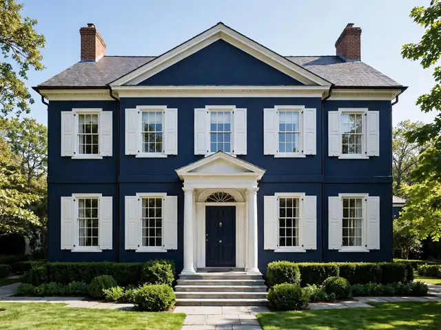 Fasad rumah bercat biru tua navy sebagai pilihan warna cat rumah bagian luar yang elegan dan mewah