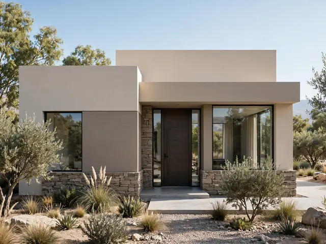 Fasad rumah minimalis bercat beige dan taupe sebagai pilihan warna cat rumah minimalis bagian luar bernuansa natural