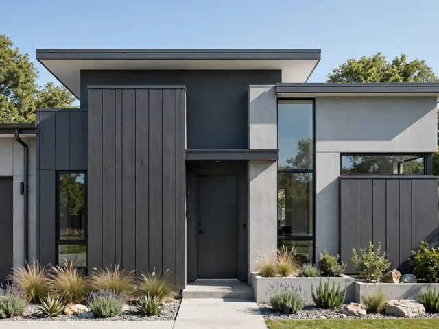Fasad rumah minimalis beraksen charcoal abu tua sebagai pilihan warna cat rumah minimalis bagian luar