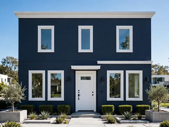 Fasad rumah minimalis bercat navy biru gelap bertrim putih sebagai pilihan warna cat rumah minimalis bagian luar