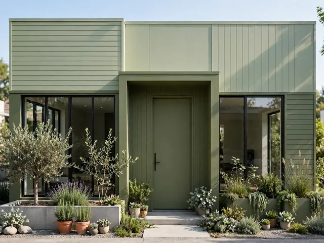 Fasad rumah minimalis bercat hijau sage dan olive sebagai pilihan warna cat rumah minimalis bagian luar