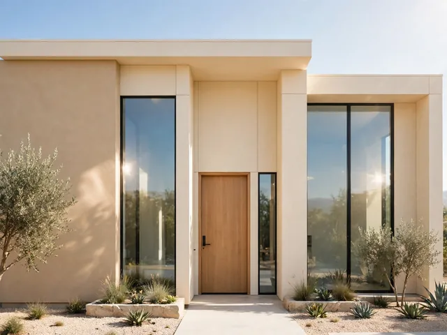 Fasad rumah minimalis bercat sand dan krem hangat sebagai pilihan warna cat rumah minimalis bagian luar